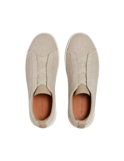 Cotton Linen & Leather Triple Stitch Sneakers | Light Beige