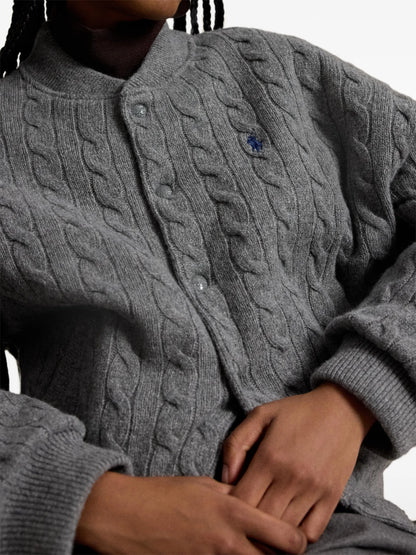 RALPH LAUREN WOMEN Cable-Knit Wool-Cashmere Snapped Jacket Flannel Grey Heather