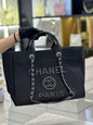 Chanel Natural Canvas and Black Leather Large Pearl Deauville Tote - 30x39x22cm