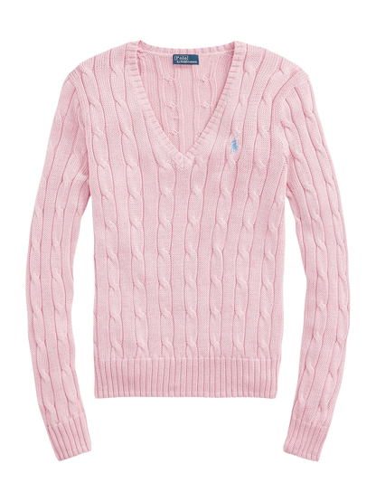 RALPH LAUREN WOMEN Cable-Knit Cotton V-Neck Jumper Carmel Pink
