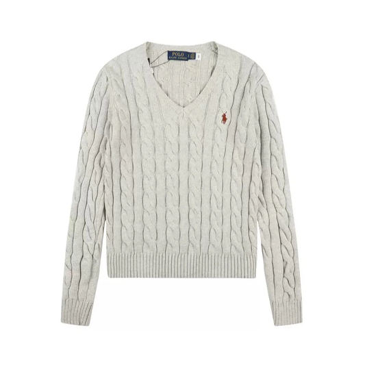 Polo Ralph Lauren Red Pony Logo Cable‑Knit V‑Neck Sweater, Off‑White Heather Women Jumper