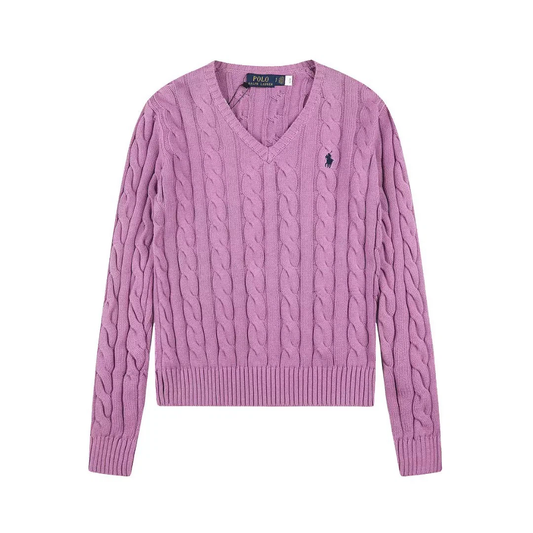 Polo Ralph Lauren Navy Pony Logo Cable‑Knit V‑Neck Sweater, Lavender Women Knit Jumper
