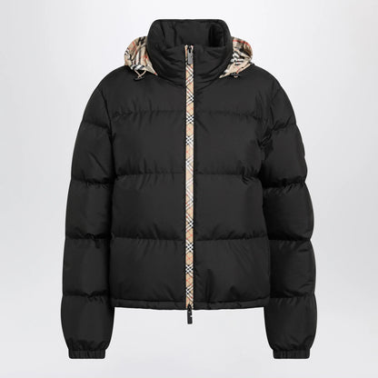 Burberry - Black Zip-Up Down Jacket with Check Detail
